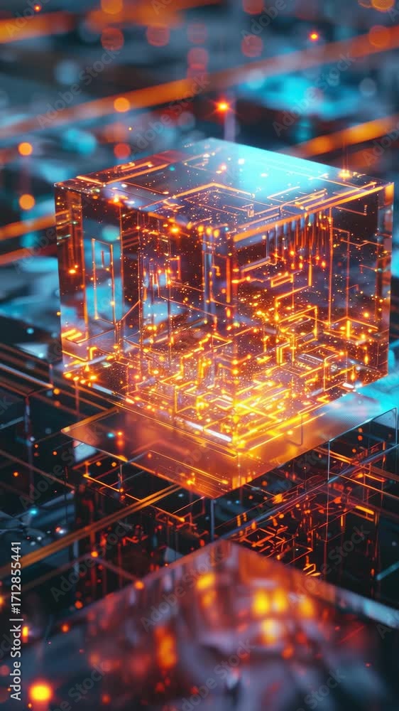Poster 3d rendering of illuminated circuit board with glowing cubic block.