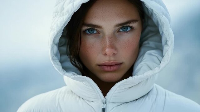 A person wearing a white jacket with a hood outdoors