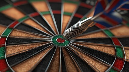 dart hitting the bullseye on a dartboard