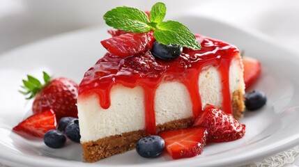 delicious slice of strawberry cheesecake with graham cracker crust and a shiny red glaze topped with fresh berries and mint on a bright white plate looks tempting