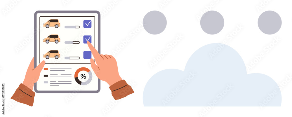 Aufkleber hands holding checklist with vehicle icons, task completion ticks, and data visualization chart. ide