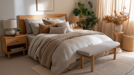 minimalist bedroom with wood paneling, clean lines, and earthy tones for peaceful sleep. a japanese-style bed is in the center of the room