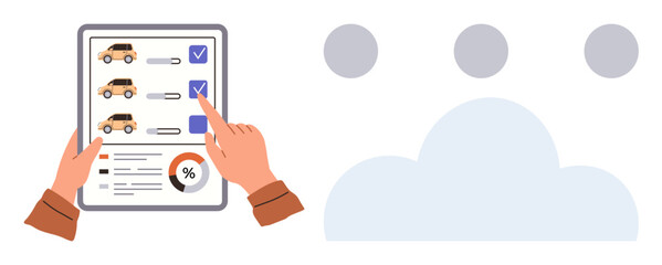 Hands holding checklist with vehicle icons, task completion ticks, and data visualization chart. Ideal for task management, cloud integration, car selection, data monitoring, business analytics