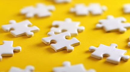 Fototapeta premium white puzzle pieces on yellow background teamwork collaboration solution strategy success connection problem solving jigsaw puzzle pieces business concept