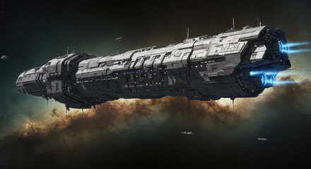 Obraz premium A massive, futuristic spacecraft soars through a swirling nebula, its complex structure and powerful engines illuminating the dark cosmos.