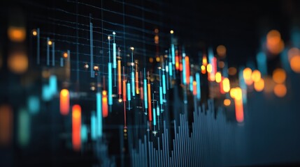 dynamic financial chart with glowing candlestick bars showing market trends and data visualization