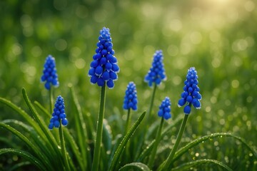 Fresh Muscari Flowers Sparkle with Dew in a Garden Setting