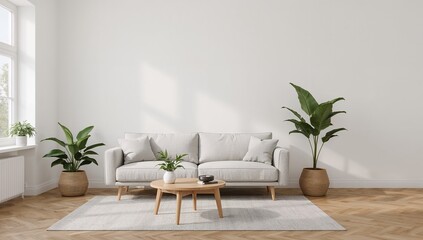Diseño de salón minimalista con decoración natural, luz de ventana lateral, texturas cálidas y estética hygge