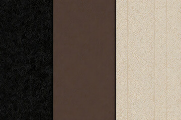 Fototapeta premium Three Vertical Panels: Black Damask Pattern, Solid Brown Texture, and Beige Floral Pattern graphic