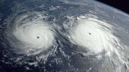 Powerful hurricanes forming above earth oceanic view satellite imagery atmospheric phenomena