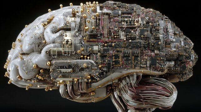 the convergence of mind and machine a human brain seamlessly merges with intricate circuitry symbolizing the dawn of artificial intelligence and its boundless potential
