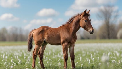 Fototapeta premium A colt and its mother grazing together in a vibrant spring meadow