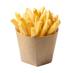 Crispy golden french fries in paper container isolated on white background