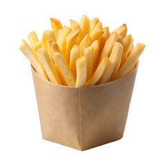 Crispy golden french fries in paper container isolated on white background