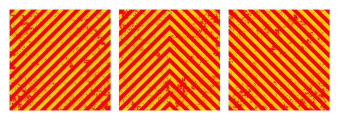 Warning sign with yellow and red diagonal lines. Attention, danger or caution symbol. Construction site signage, road safety notice, hazard banner, security alert shield. Vector illustration