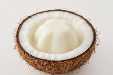 Jelly pudding made from young coconut presented in a coconut shell on a white backdrop