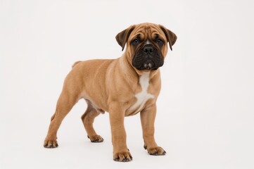 Fototapeta premium Puppy bullmastiff posing against plain white backdrop