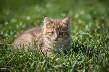 Kitten resting on the lawn