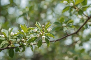 Naklejka premium Fresh tree sprouts and foliage. Organic backdrop. Spring season. Blurred texture. Space for text.