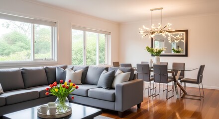 Modern living and dining room with grey sectional sofa and glass dining table living room interior