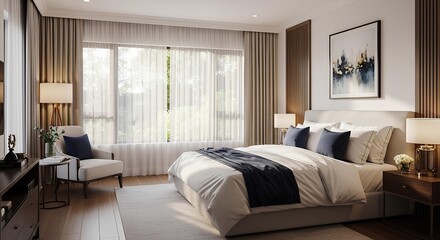 Luxurious Modern Bedroom with Large Window and Comfortable Bed interior luxury