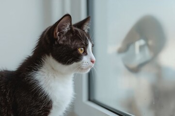 Side view of a youthful monochrome feline gazing outside through a window