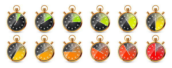 Realistic classic stopwatch. Shiny golden metal chronometer, time counter with dial. Colorful countdown timer showing minutes, seconds. Time measurement for sport, start, finish. Vector illustration