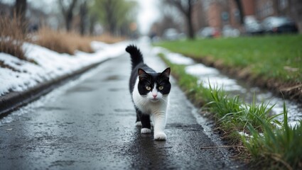 A young black and white feline strolling through the cityscape in early spring