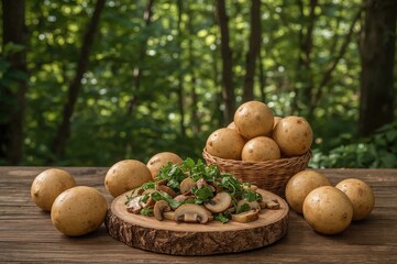 Fresh boiled potatoes served with mushrooms and a green salad