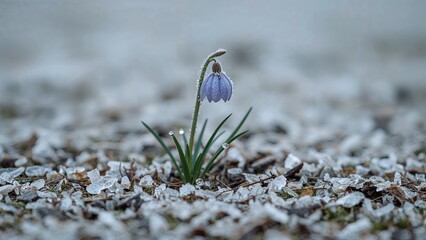 Spring's first bluebell emerging through frost.