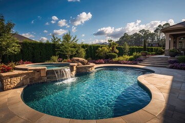 Backyard with a built-in swimming pool featuring a waterfall and spa tub