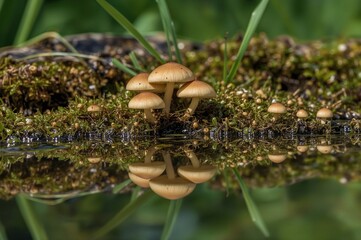 Mirror images of fungi sprouting from moss visible in the water. Macro shots created with AI generation tools.