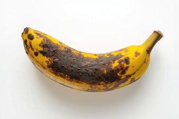 Overripe banana with fungal decay isolated on white