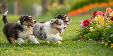Obraz premium Smiling Australian Shepherd puppies playing together on a green lawn with flowers.