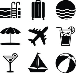 Collection of summer icons including a pool suitcase beach ball and various vacation related items