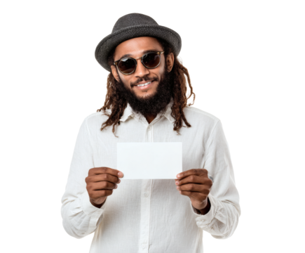 Smiling man with dreadlocks holding a blank card
