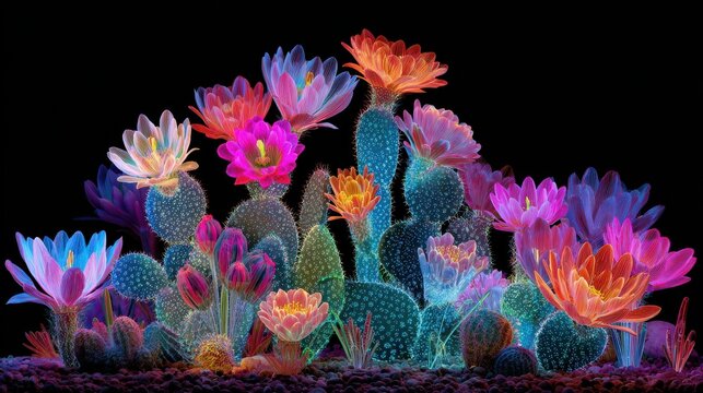 vibrant neon cactus with colorful flowers illuminated at night in desert - Powered by Adobe