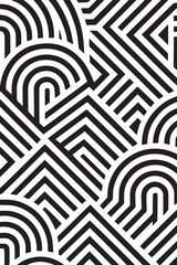 Abstract geometric pattern with repeating black and white curved and angular lines creating a dynamic optical illusion