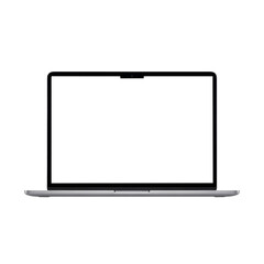 Modern laptop displaying abstract blue and white waves isolated on transparent background