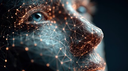 a digital rendering of a human face with a geometric wireframe overlay symbolizing the fusion of technology and humanity in a glowing and futuristic style