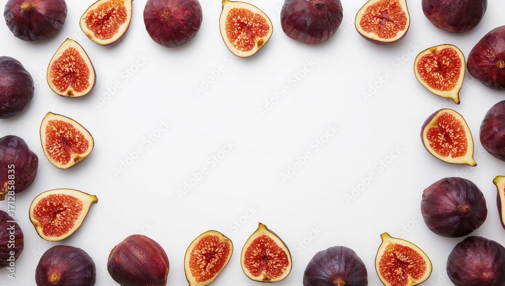 Poster fresh figs artfully arranged in a rectangular pattern on a white background, top-down view