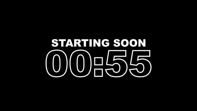 Starting soon screen with a countdown timer one minute. Ideal for live event streams, webinar introductions, or online class openings. 4k
