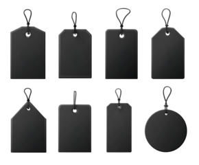 Collection of black price tags with strings on a black background.