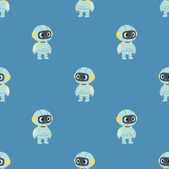 Cute seamless pattern with smiling cartoon robot in blue suit on blue background. Playful vector design for kids, fabric, wrapping or wallpaper.