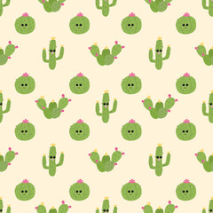 Seamless pattern with cute cartoon cacti in bloom. Playful green cactus characters with flowers on beige background. Perfect for kids, fabric, wrapping.