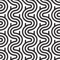 Abstract black and white wavy lines forming a repeating geometric pattern with a retro or op art feel and a textured background