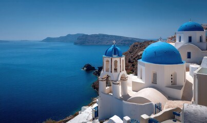 Obraz premium Panoramic view of a Greek village with blue-domed churches