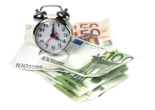 Alarm clock on euro banknotes, time is money concept