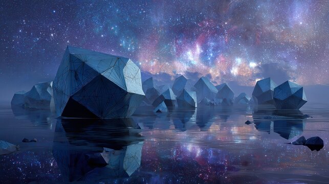 geometric polyhedron rocks floating on calm water surface under starry night sky with colorful cosmic galaxy nebula surreal futuristic landscape fantasy environment concept with mysterious abstract f