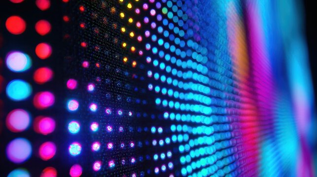 a close up view of an led screen displaying vibrant colors and creating a bokeh effect background